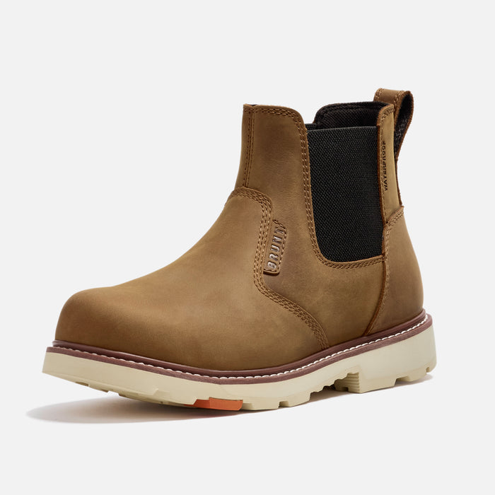 45 degree angle of the left of the BRUNT 6 inch 90 degree heel slip-on work boot in brown