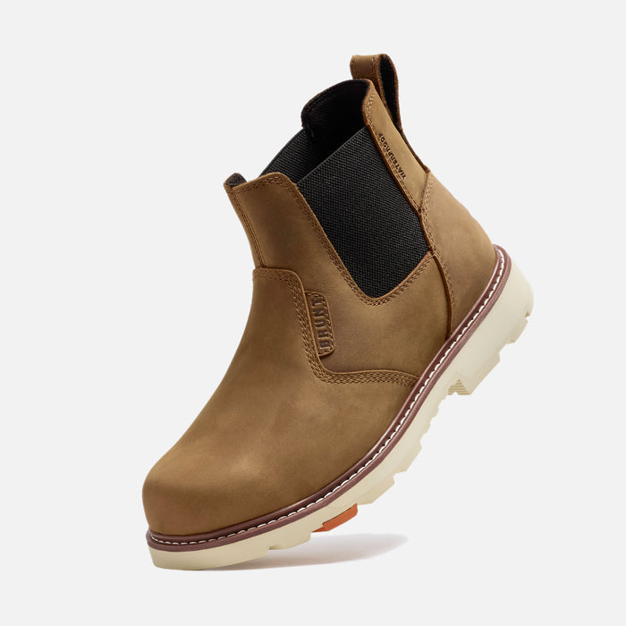45 degree angle of the left of the BRUNT 6 inch 90 degree heel slip-on work boot in brown