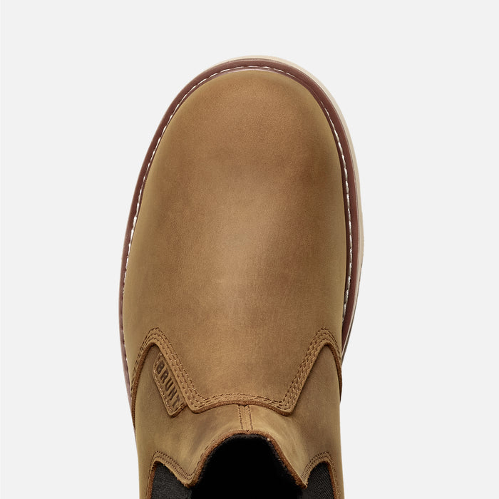 Above shot of the toe shape of the BRUNT 6 inch 90 degree heel slip-on work boot in brown