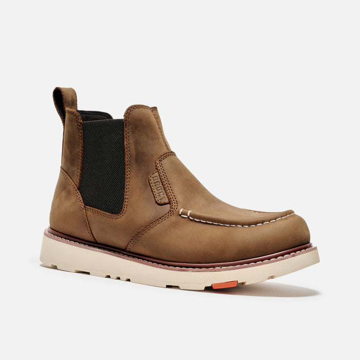 45 degree angle of the right BRUNT 6 inch water-resistant slip-on ohman moc toe work boot in brown