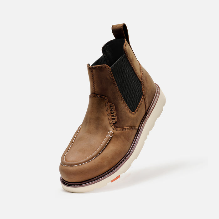 45 degree angle of the left BRUNT 6 inch water-resistant slip-on ohman moc toe work boot in brown