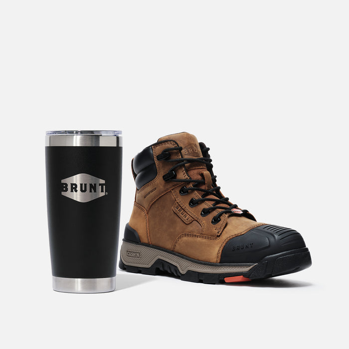 BRUNT 6 inch lightweight 90 degree heel composite toe work boot in black and 20oz BRUNT tumbler in black