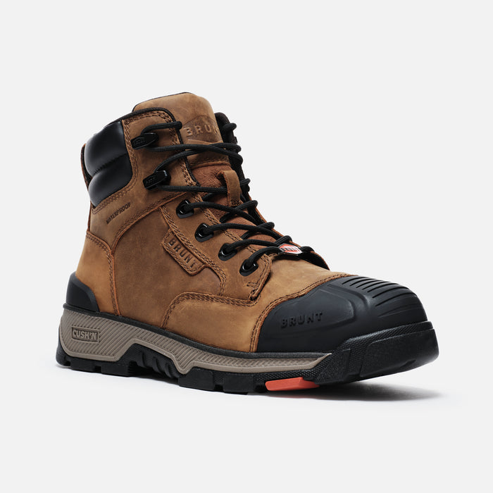 45 degree angle of the right BRUNT 6 inch durable 90 degree heel work boot in brown