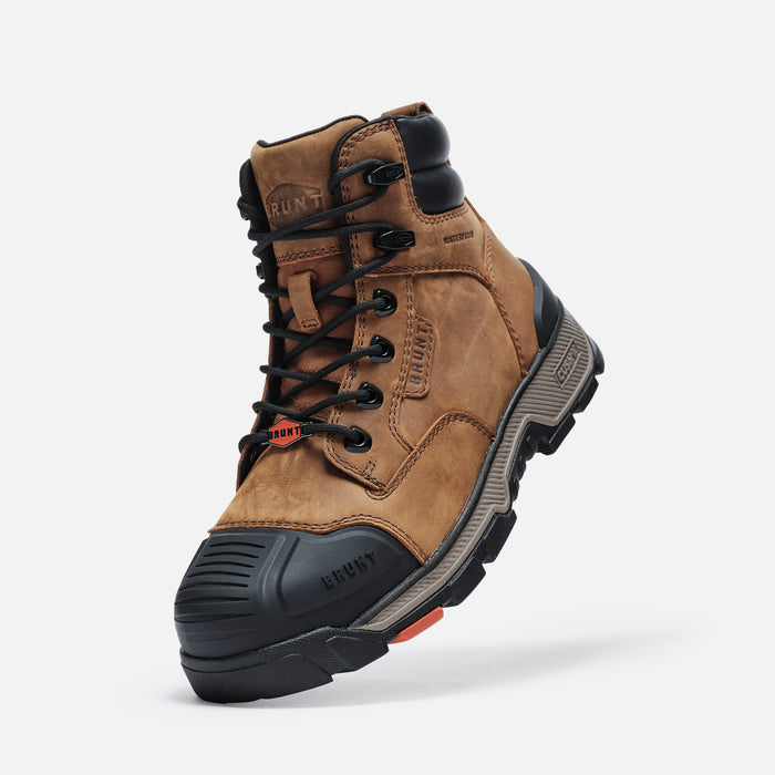 45 degree angle of the left BRUNT 6 inch durable 90 degree heel work boot in brown