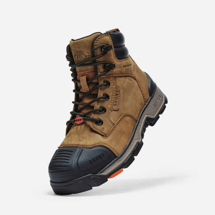 45 degree angle of the left BRUNT 6 inch durable 90 degree heel work boot in brown