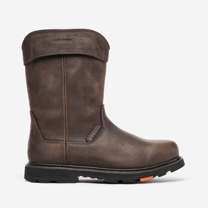 View 1 right side of the BRUNT 10 inch waterproof composite toe pull-on work boot in dark brown
