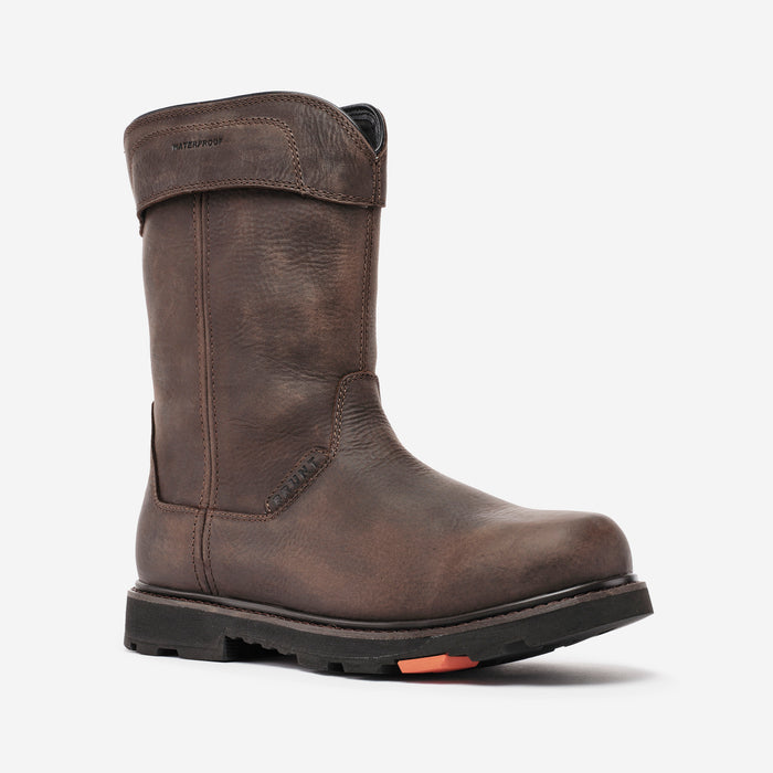 45 degree angle of the left side of the BRUNT 10 inch waterproof composite toe pull-on work boot in dark brown