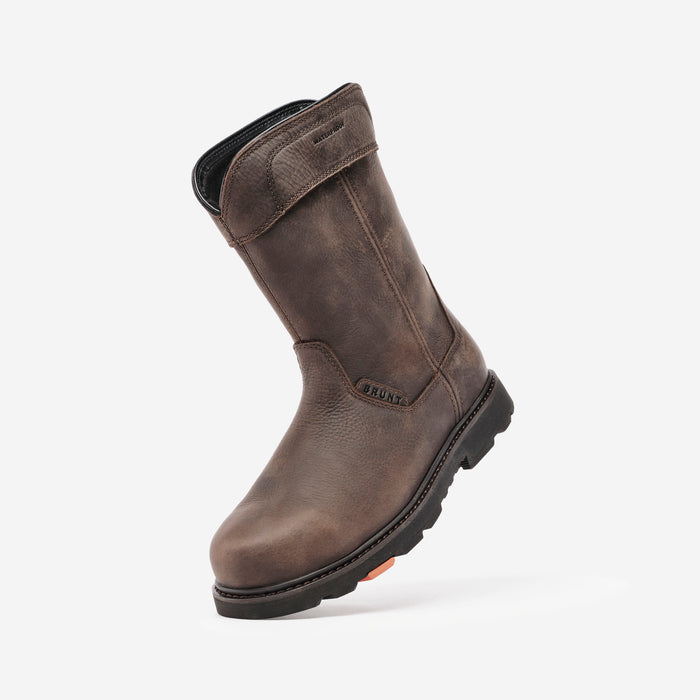 45 degree angle of the left side of the BRUNT 10 inch waterproof soft toe pull-on boot in dark brown