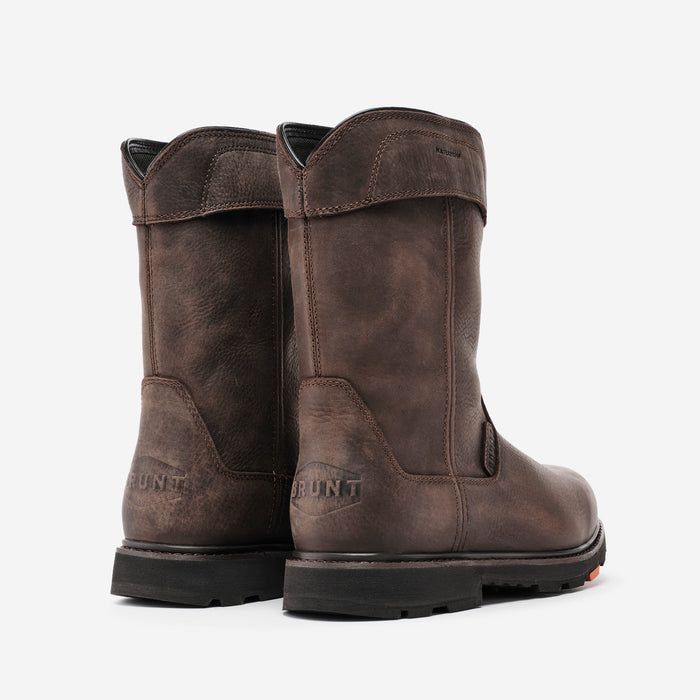 45 degree angle of the back of the BRUNT 10 inch waterproof soft toe pull-on boot in dark brown