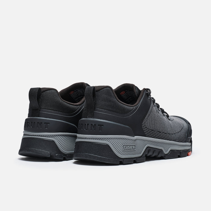 45 degree angle of the back BRUNT 4 inch low top 90 degree heel composite toe work shoe in black