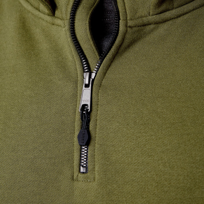 View 2 front of the YKK metaluxe zipper of the BRUNT water resistant shevlin work quarter zip hoodie in hunter green * 1