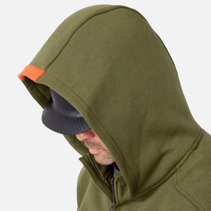 Hard hat compatible hood of the BRUNT water resistant shevlin work quarter zip hoodie in hunter green * 1