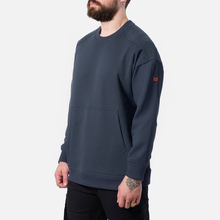 View 2 45 degree angle of the left side of the BRUNT water resistant midweight crewneck in navy blue * 0