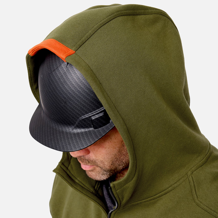 View 2 hard hat compatible hood of the BRUNT water resistant full zip shevlin work hoodie in hunter green * 0