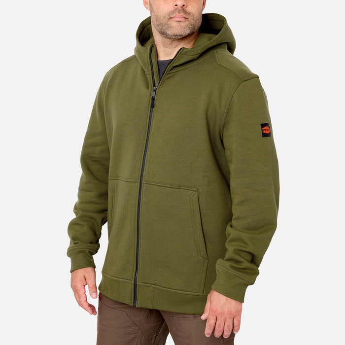 45 degree angle of the front left side of the BRUNT water resistant full zip shevlin work hoodie in hunter green * 0