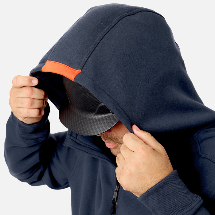 View 2 hard hat compatible hood of the BRUNT water resistant full zip shevlin work hoodie in navy blue * 1