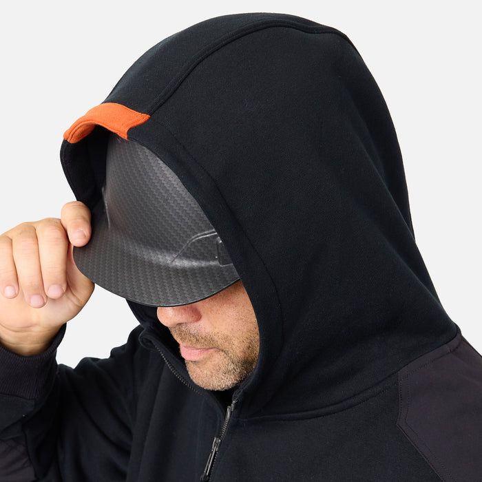 View 2 hard hat compatible hood of the BRUNT water resistant heavy duty full zip shevlin work hoodie in black * 0