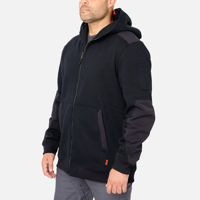 45 degree angle of the front left side of the BRUNT water resistant heavy duty full zip shevlin work hoodie in black * 0