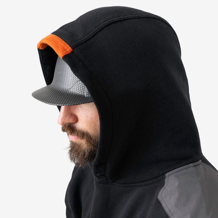 Hard hat compatible hood of the BRUNT water resistant heavy duty shevlin work hoodie in black/charcoal