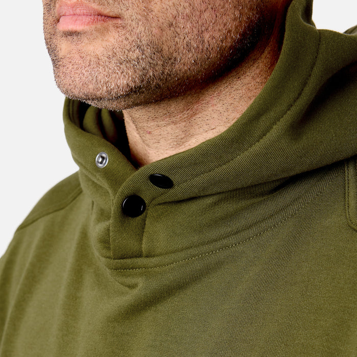 View 2 front of button snaps of the BRUNT water resistant shevlin work hoodie in hunter green * 0