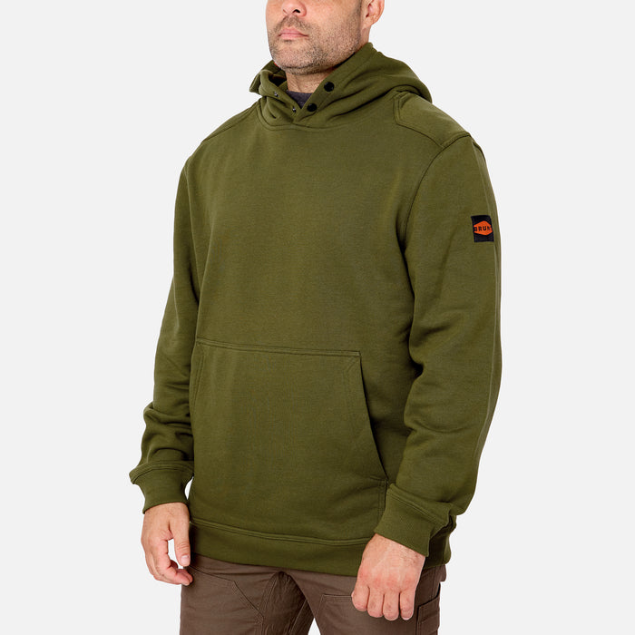 Front of button snaps of the BRUNT water resistant shevlin work hoodie in hunter green * 0