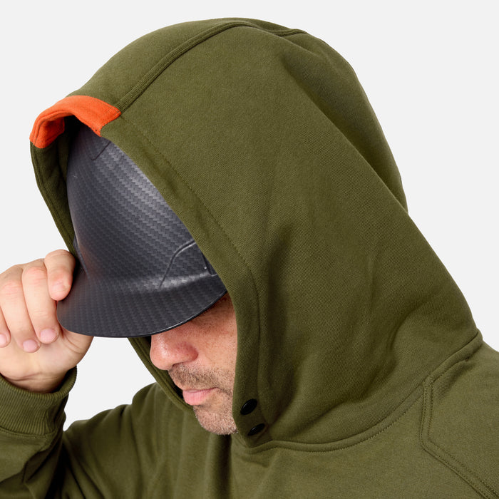 Hard hat compatible hood of the BRUNT water resistant shevlin work hoodie in hunter green * 0