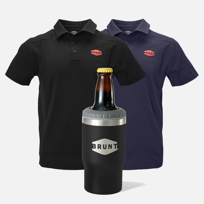 View 1 front of the BRUNT lightweight breathable polo with UPF protection in black and navy with BRUNT 4-in-1 tumbler in black