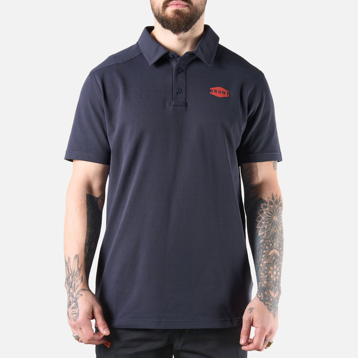 Front of the BRUNT lightweight breathable polo with UPF protection in navy