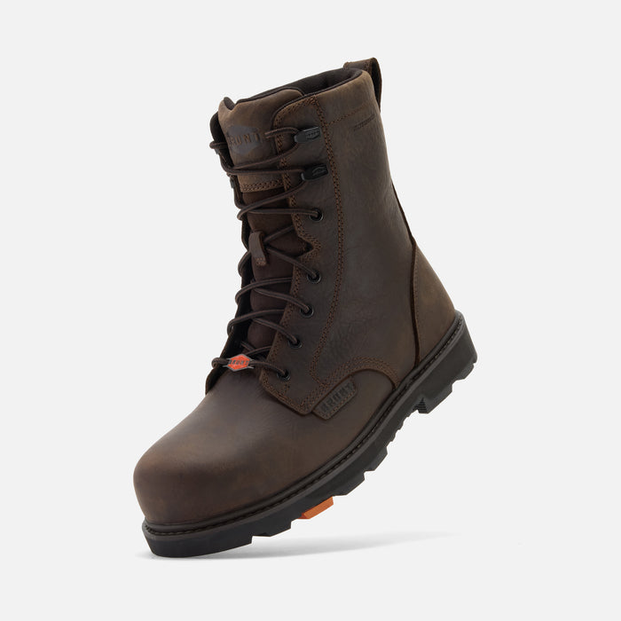 45 degree angle of the left BRUNT 8 inch waterproof composite toe sullivan work boot in dark brown