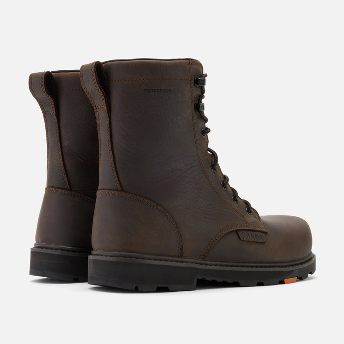 45 degree angle of the back BRUNT 8 inch waterproof composite toe sullivan work boot in dark brown