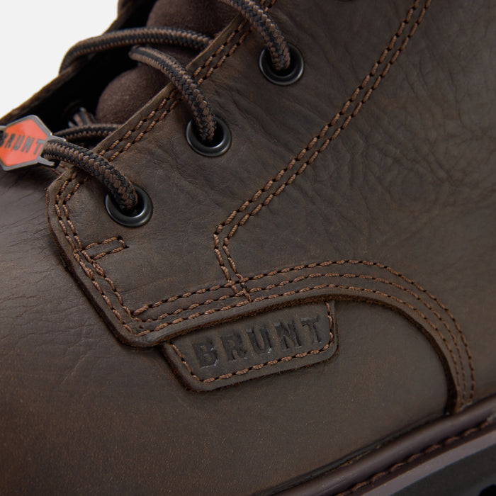 Close up details of the BRUNT 8 inch waterproof compostie toe sullivan work boot in dark brown