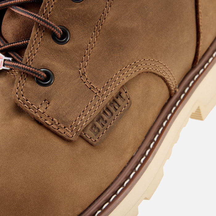 Close up details on the BRUNT 6 inch waterproof composite toe sullivan work boot in brown * 0