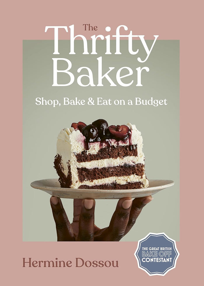 Book cover of 'The Thrifty Baker' with a cake and pink border