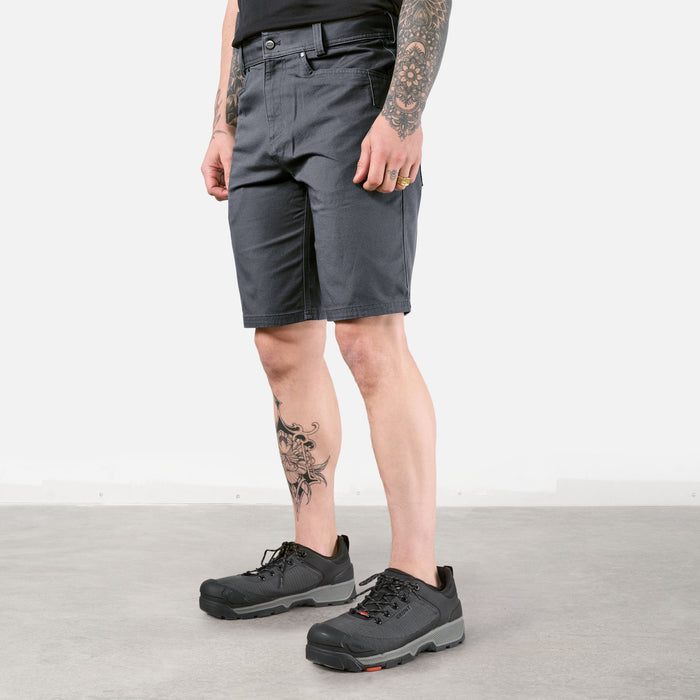 45 degree angle of front left of the BRUNT 11 inch water resistant stretch work short in charcoal * 0