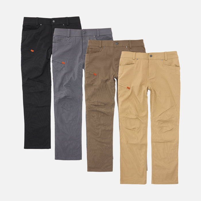 Four BRUNT water resistant stretch torra work pant in black, charcoal, brown and tan