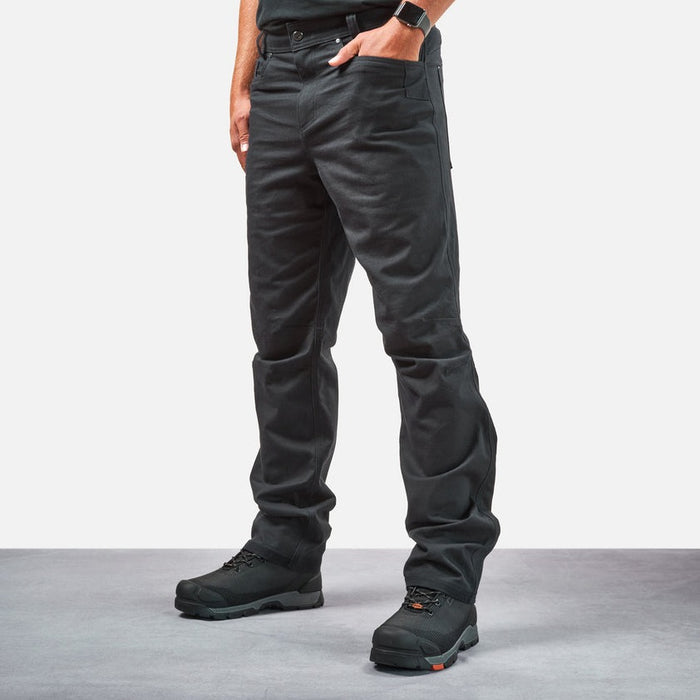 45 degree angle of front left side of BRUNT water resistant stretch torra work pant in black