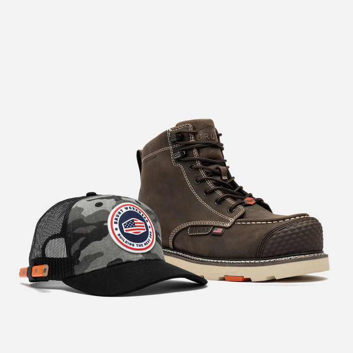 BRUNT USA 6 inch welted waterproof reinforced composite toe work boot in dark brown and 45 degree angle of front of BRUNT curved brim work hat with built in pencil holder and BRUNT usa 250 logo in limited edition black camo
