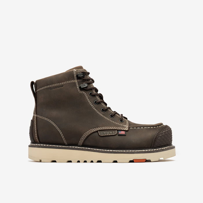 Right side of the BRUNT USA 6 inch welted waterproof reinforced composite toe work boot in dark brown
