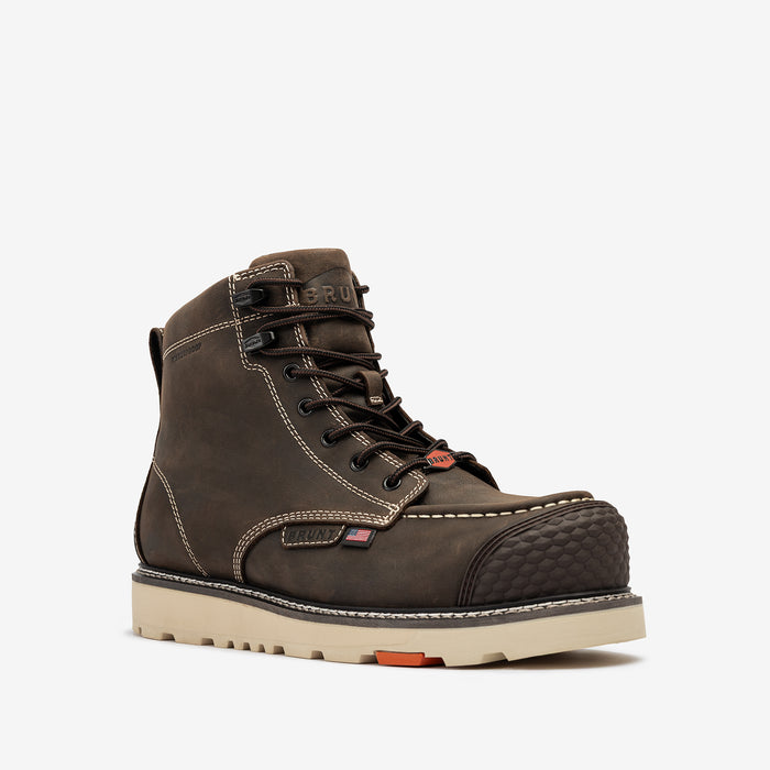 45 degree angle of the right BRUNT USA 6 inch welted waterproof reinforced composite toe work boot in dark brown