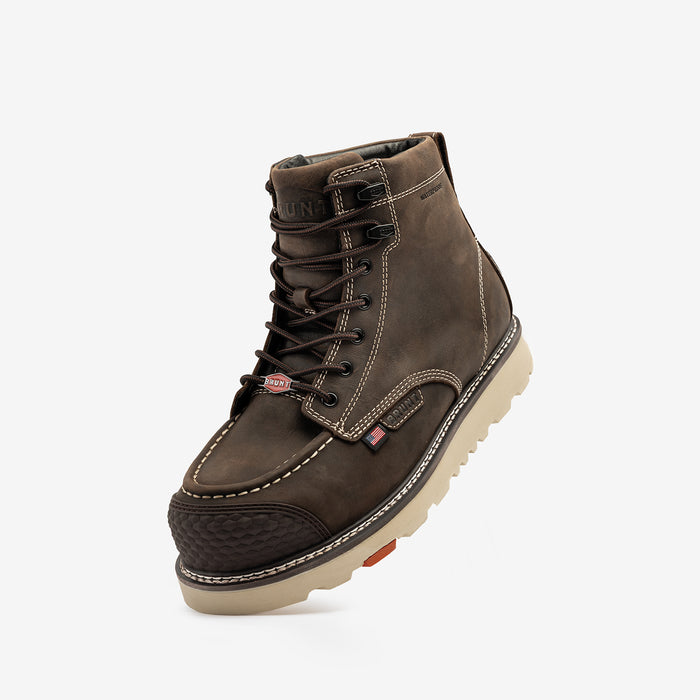 45 degree angle of the left BRUNT USA 6 inch welted waterproof reinforced composite toe work boot in dark brown