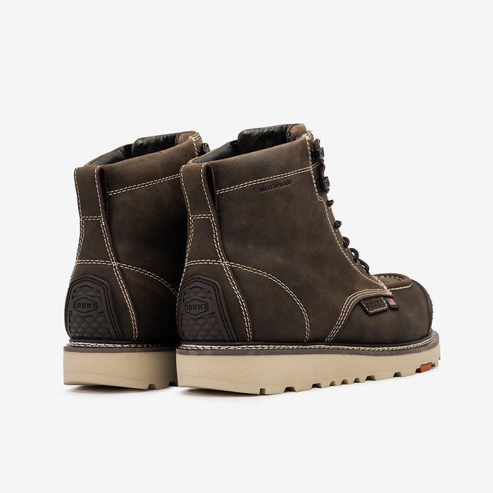 45 degree angle of the back BRUNT USA 6 inch welted waterproof reinforced composite toe work boot in dark brown