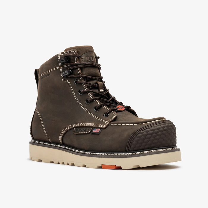 45 degree angle of the right BRUNT USA 6 inch welted waterproof reinforced composite toe work boot in dark brown