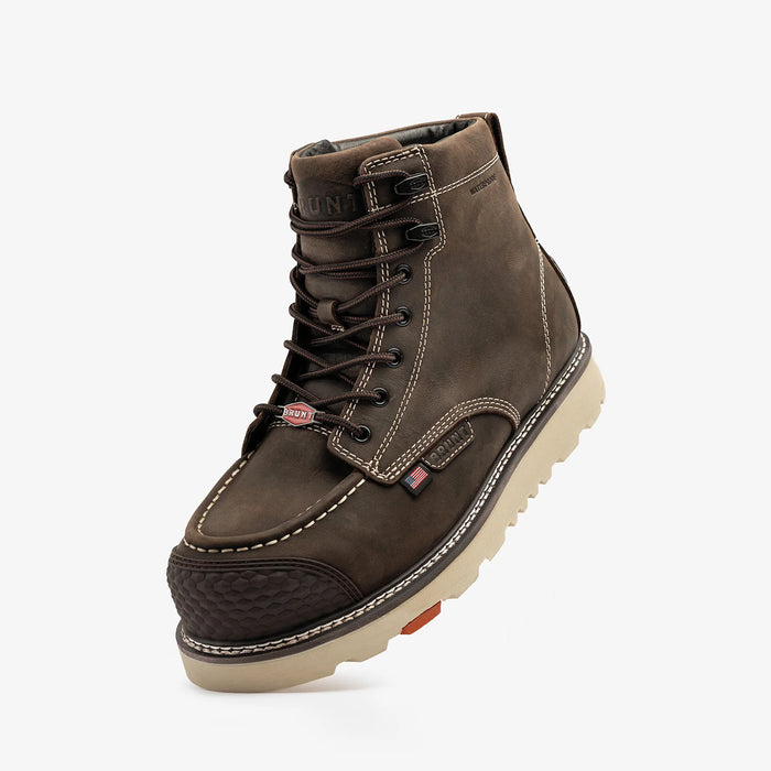45 degree angle of the left BRUNT USA 6 inch welted waterproof reinforced composite toe work boot in dark brown