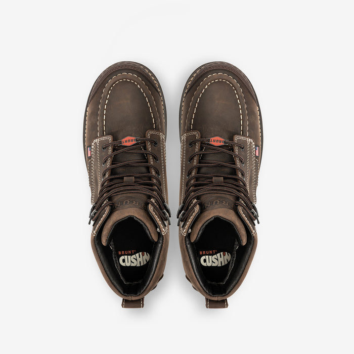 Above shot of the toe shape of the BRUNT USA 6 inch welted waterproof reinforced composite toe work boot in dark brown