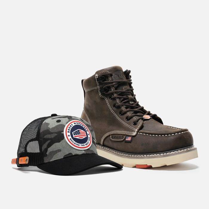 BRUNT 6 inch USA welted and unlined leather composite toe boot in dark brown and BRUNT usa 250 logo in limited edition black camo