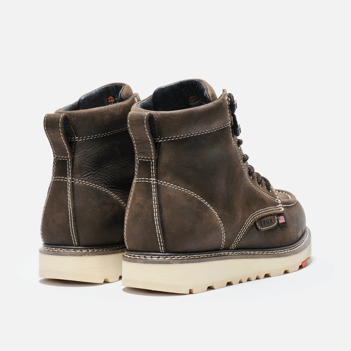 45 degree angle of the back BRUNT 6 inch USA welted and unlined leather composite toe boot in dark brown
