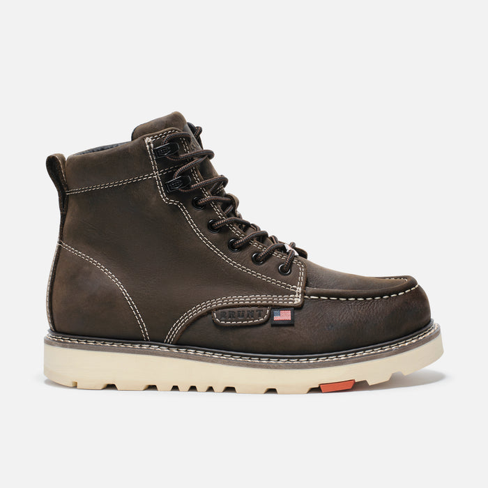 View 1 right side of the BRUNT 6 inch USA welted and unlined leather composite toe boot in dark brown * # NEW