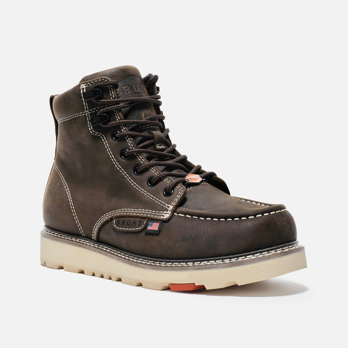 45 degree angle of the right BRUNT 6 inch USA welted and unlined leather work boot in dark brown
