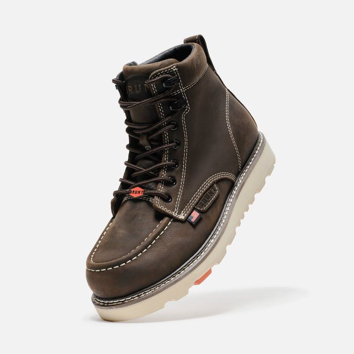 45 degree angle of the left BRUNT 6 inch USA welted and unlined leather work boot in dark brown
