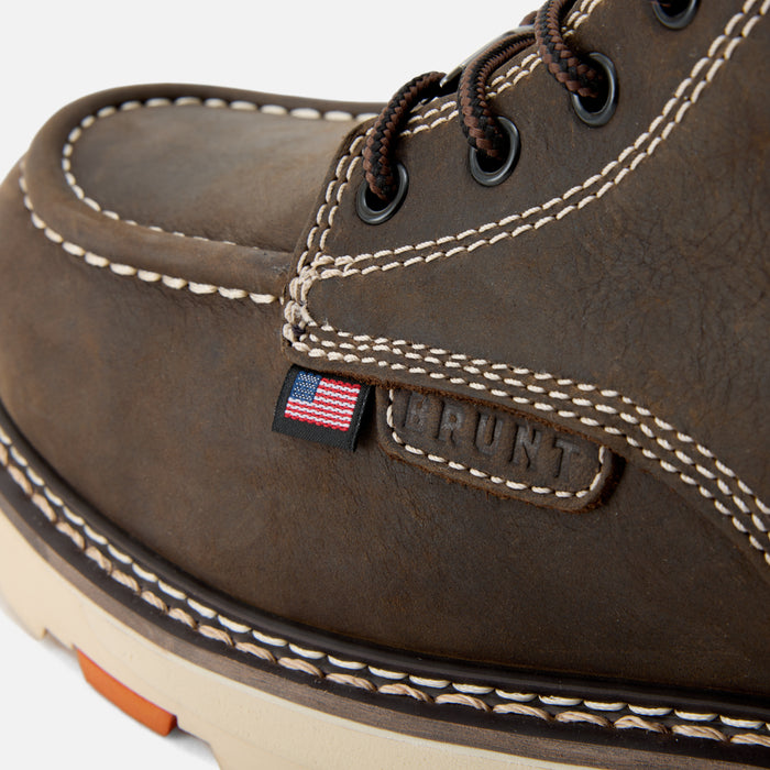 Detail shot of American flag tag and BRUNT logo tag of the BRUNT USA 6 inch waterproof welted composite toe marin work boot